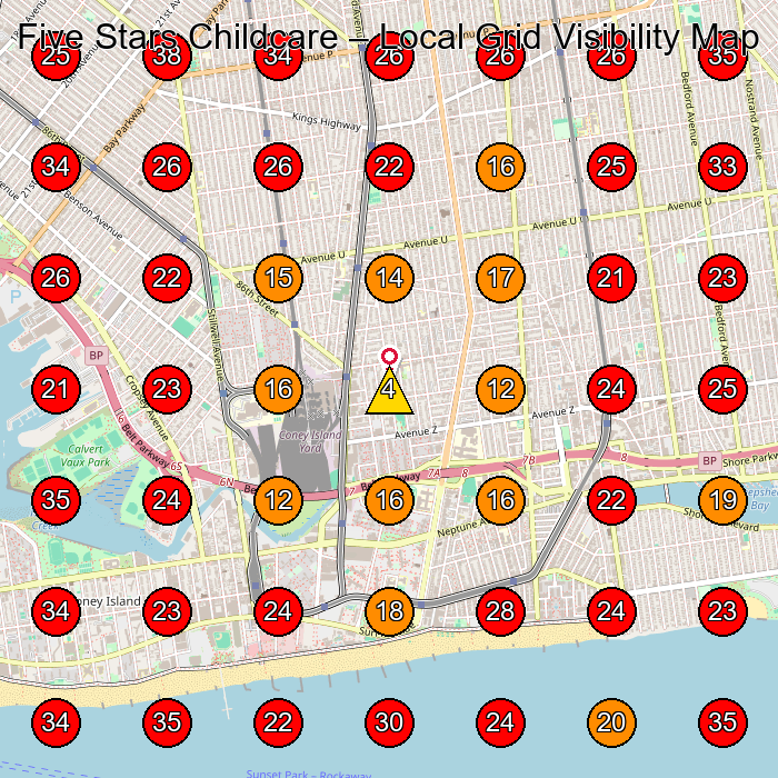 Five Stars Childcare GeoGrid visibility map for Day Care Center in Brooklyn
